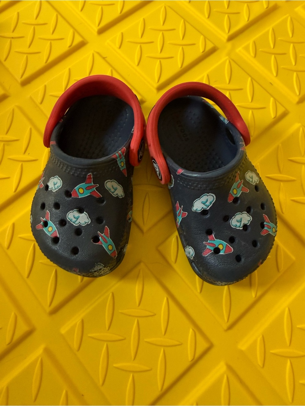 CROCS Navy Blue Kids Clogs with Red Strap and Rocket Print